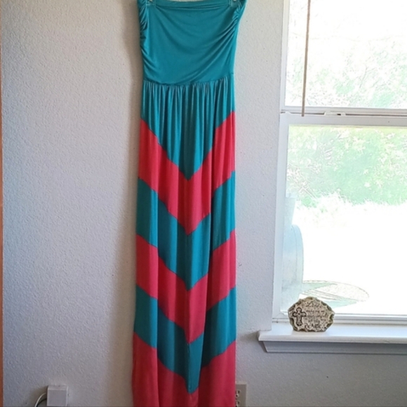 Chevron tube top Empire Maxi Strapless dress Colorblock Dress turquoise/coral - Picture 14 of 14